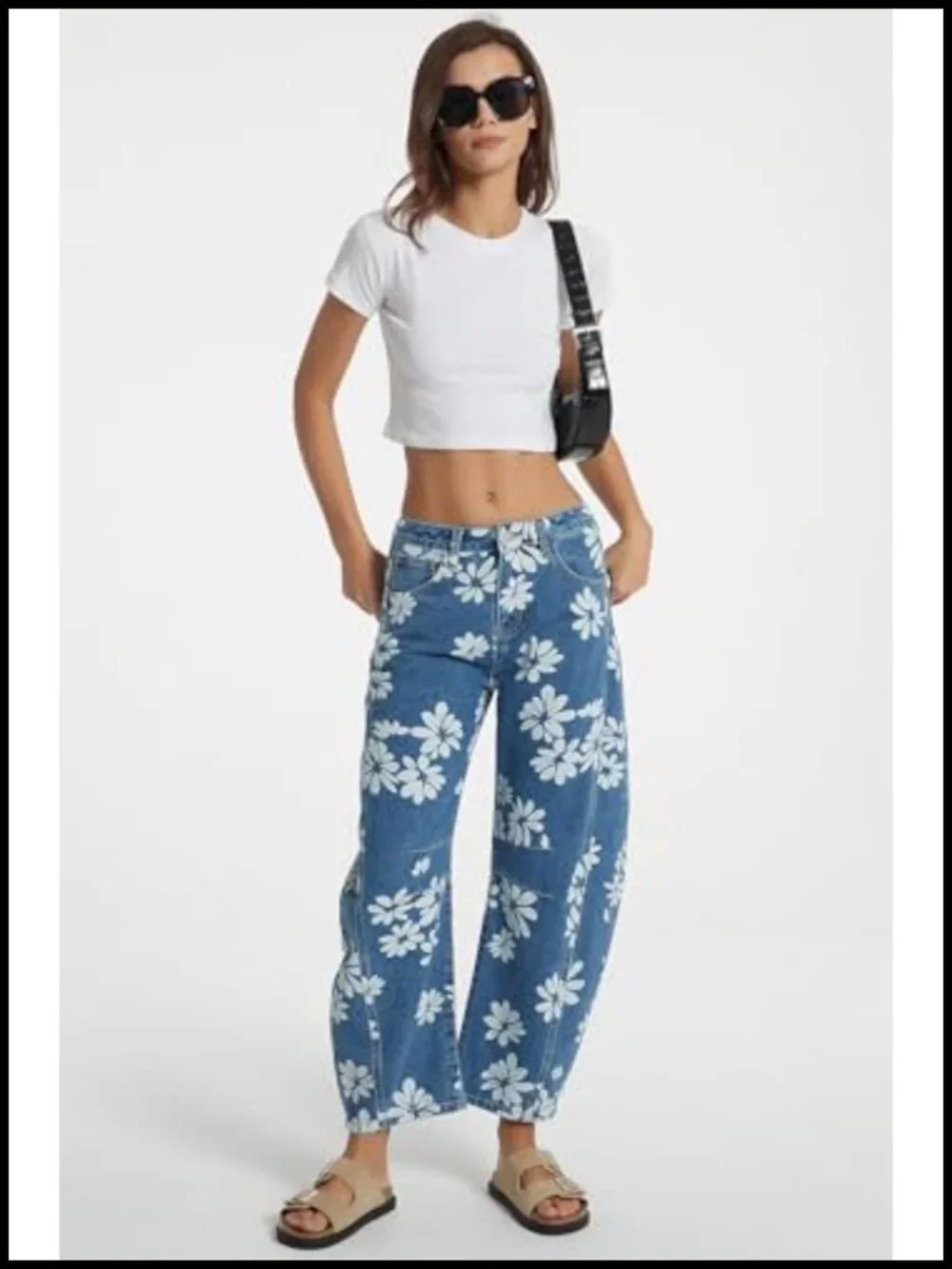 Women Printed Barrel Jeans Casual Low Rise Floral Cropped Wide Leg Denim Pants